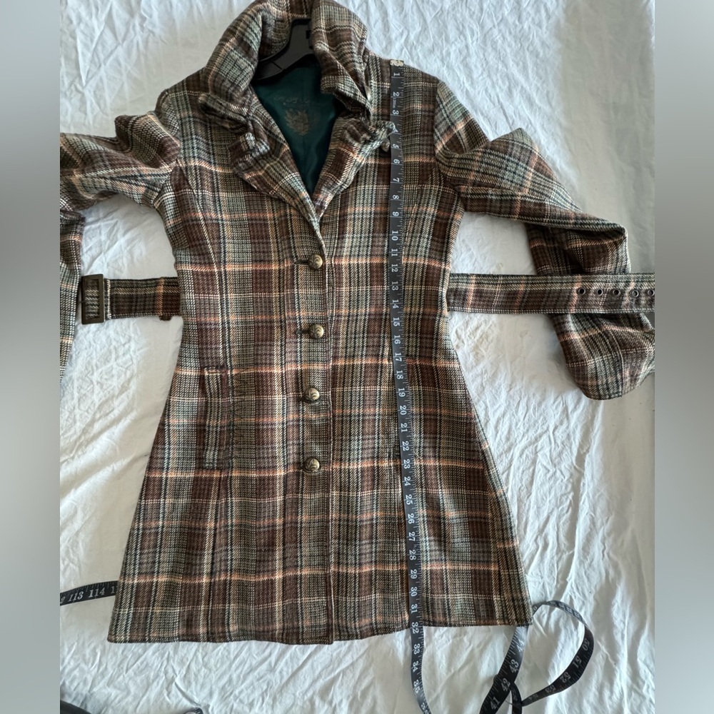 B B Dakota Plaid Pea Coat Size Small lined Green - Picture 15 of 17